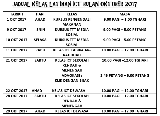 JADUAL KELAS LATIHAN ICT BULAN OKT 2017